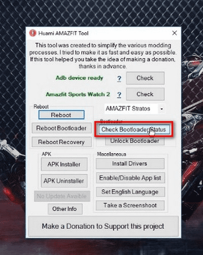 Выбор пункта Check Bootloader Status в утилите Huami Amazfit Tool
