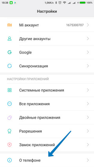 Меню “О телефоне” Вход в меню “О телефоне” через “Настройки”