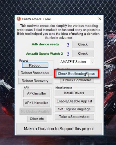 Меню приложения Huami Amazfit Tool Выбор пункта Check Bootloader Status в утилите Huami Amazfit Tool