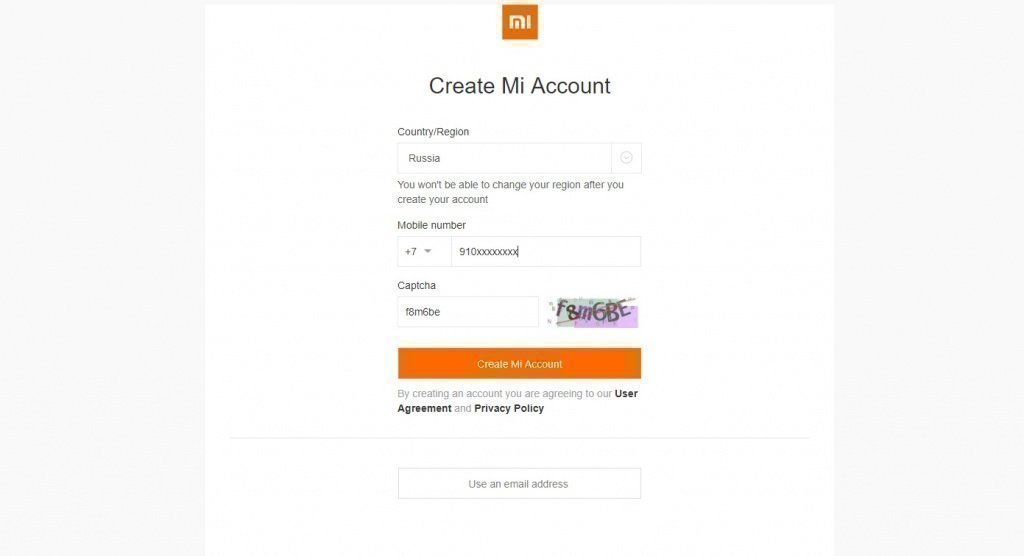 Интерфейс анкеты для создания mi-аккаунта Интерфейс анкеты для создания mi-аккаунта