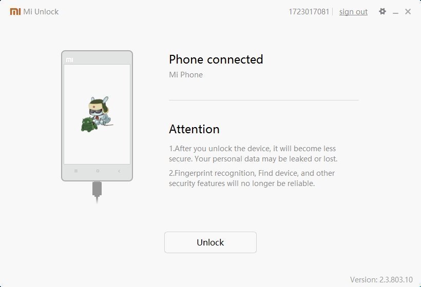 Интерфейс программы MiUnlock Интерфейс программы MiUnlock