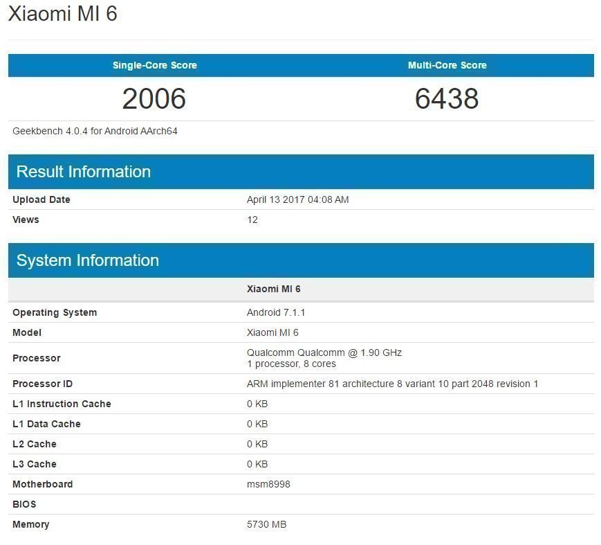 XIaomi Mi6 Geekbench XIaomi Mi6 Geekbench